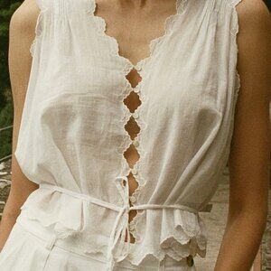 DÔEN Aldora Top | Lace Trim Cotton Voile Blouse | Size M